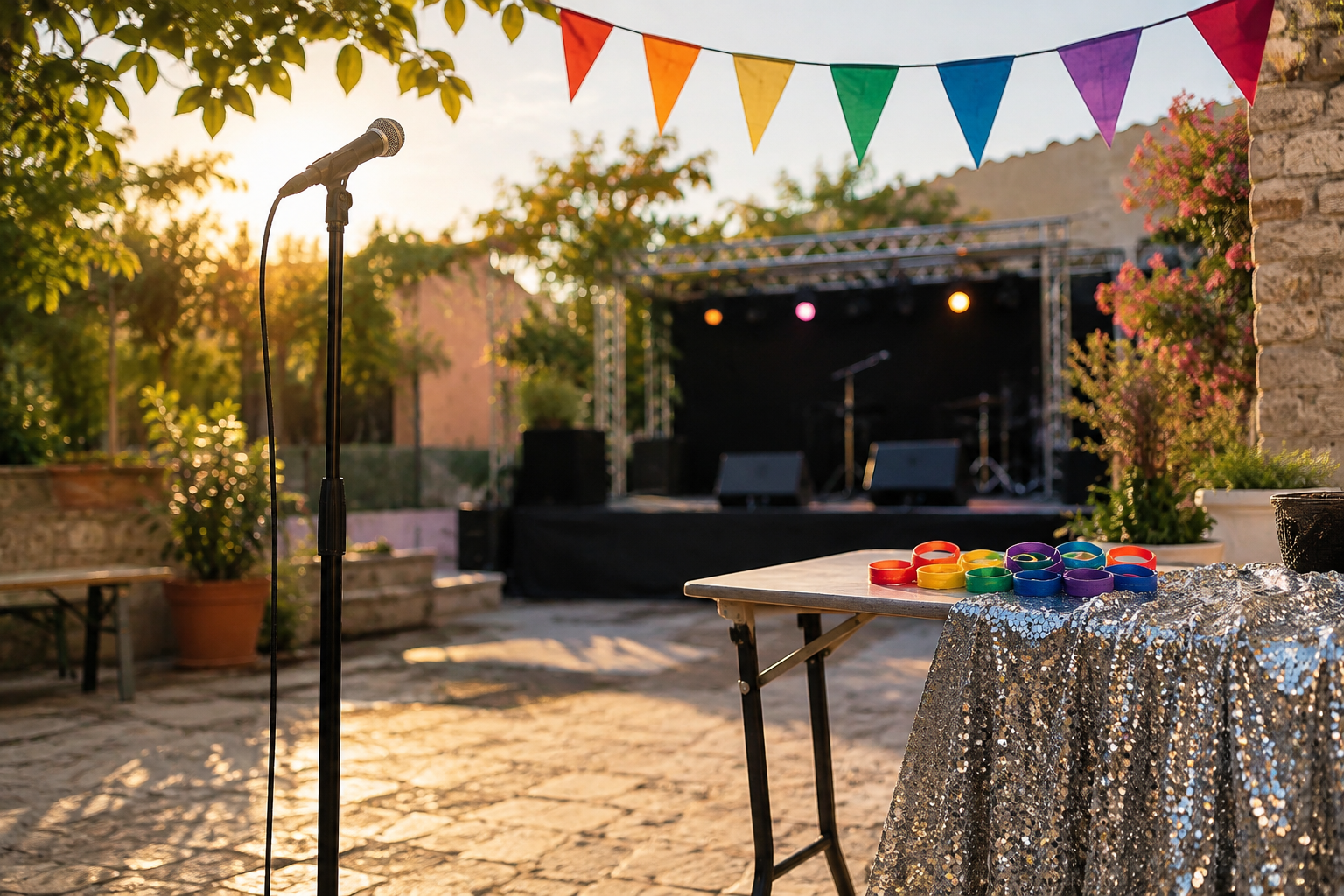 Conceptual still life of a microphone beside a community table with colourful wristbands and silver sequined fabric beneath rainbow bunting.