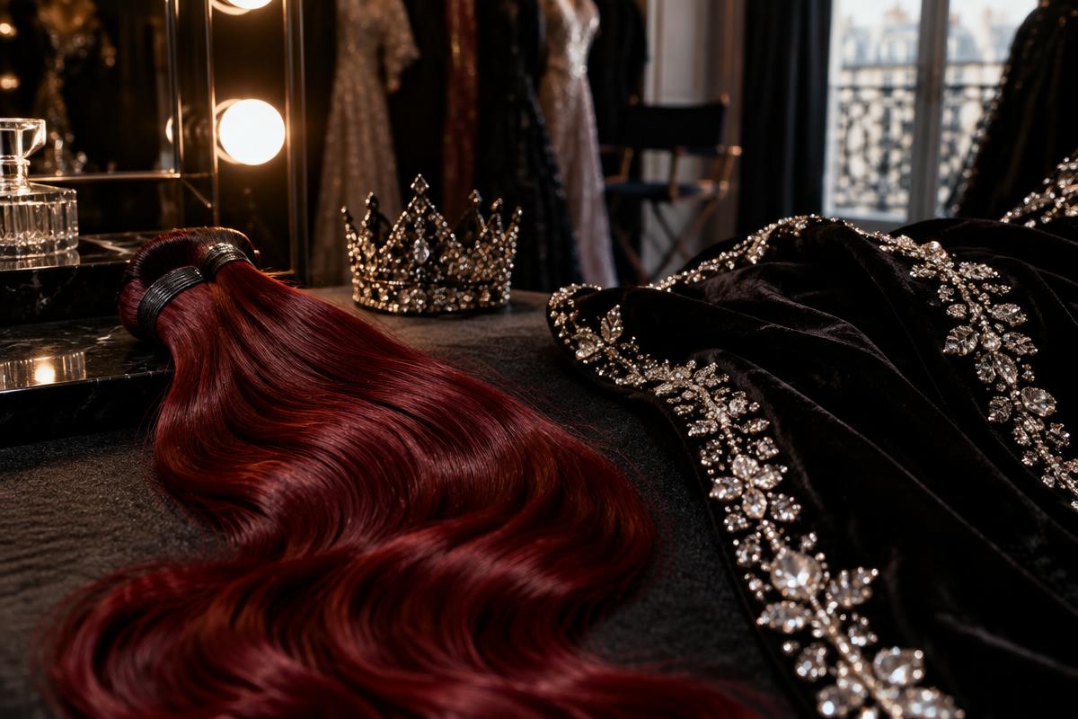 A burgundy-red hairpiece beside black velvet and crystal couture details.