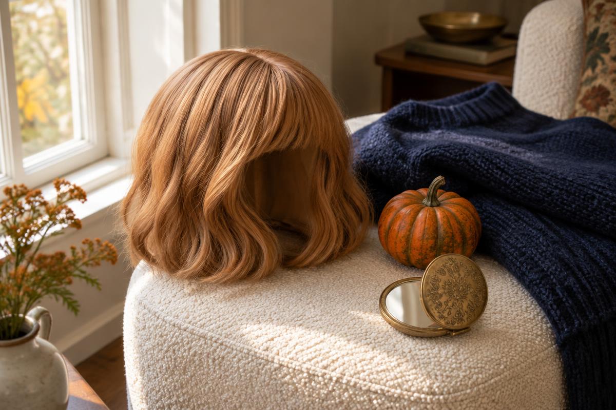 A strawberry-blonde bob wig beside a navy sweater and small pumpkin.