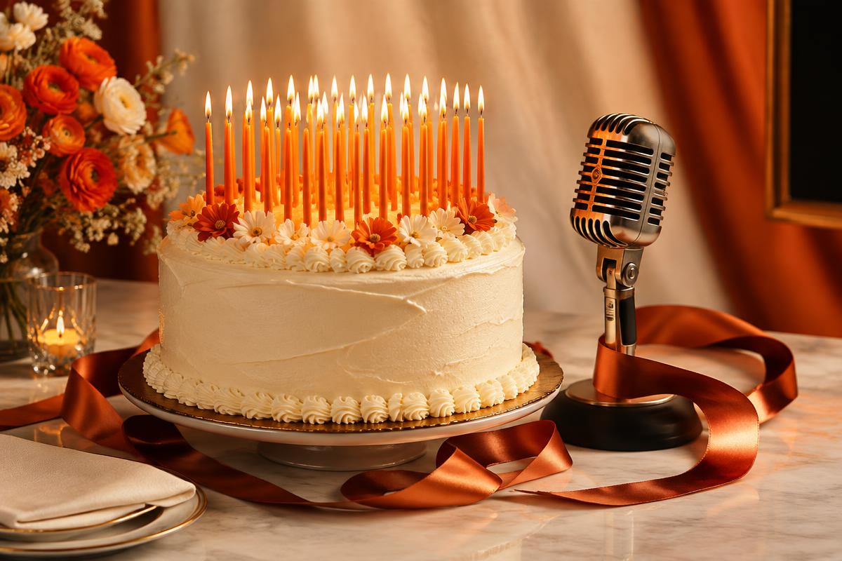 A birthday cake with 41 orange candles beside a microphone