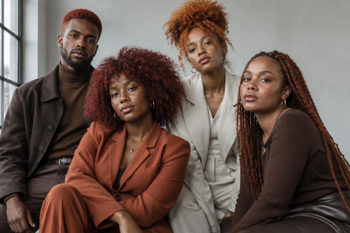 Four fictional Black adults with varied copper and red hairstyles in a studio portrait