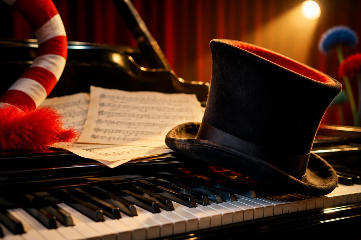 A top hat and sheet music on a piano