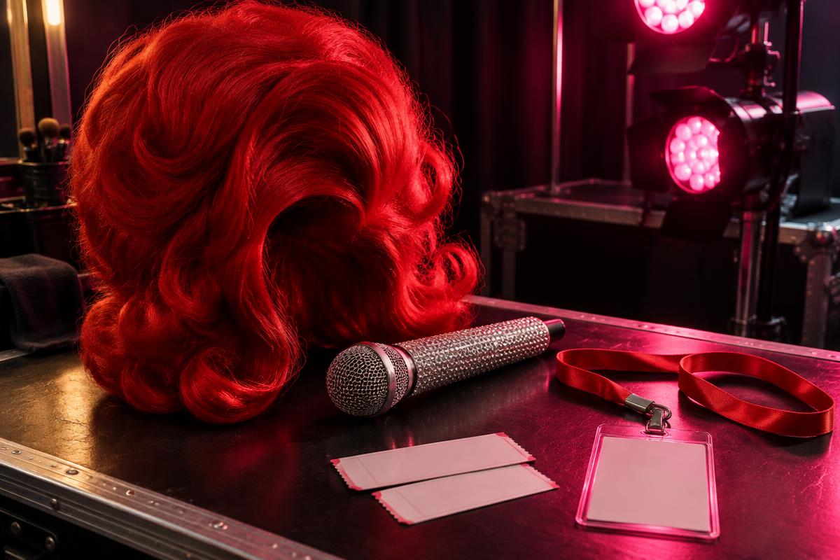 A red stage wig, rhinestone microphone and volunteer lanyard under pink-red lights.