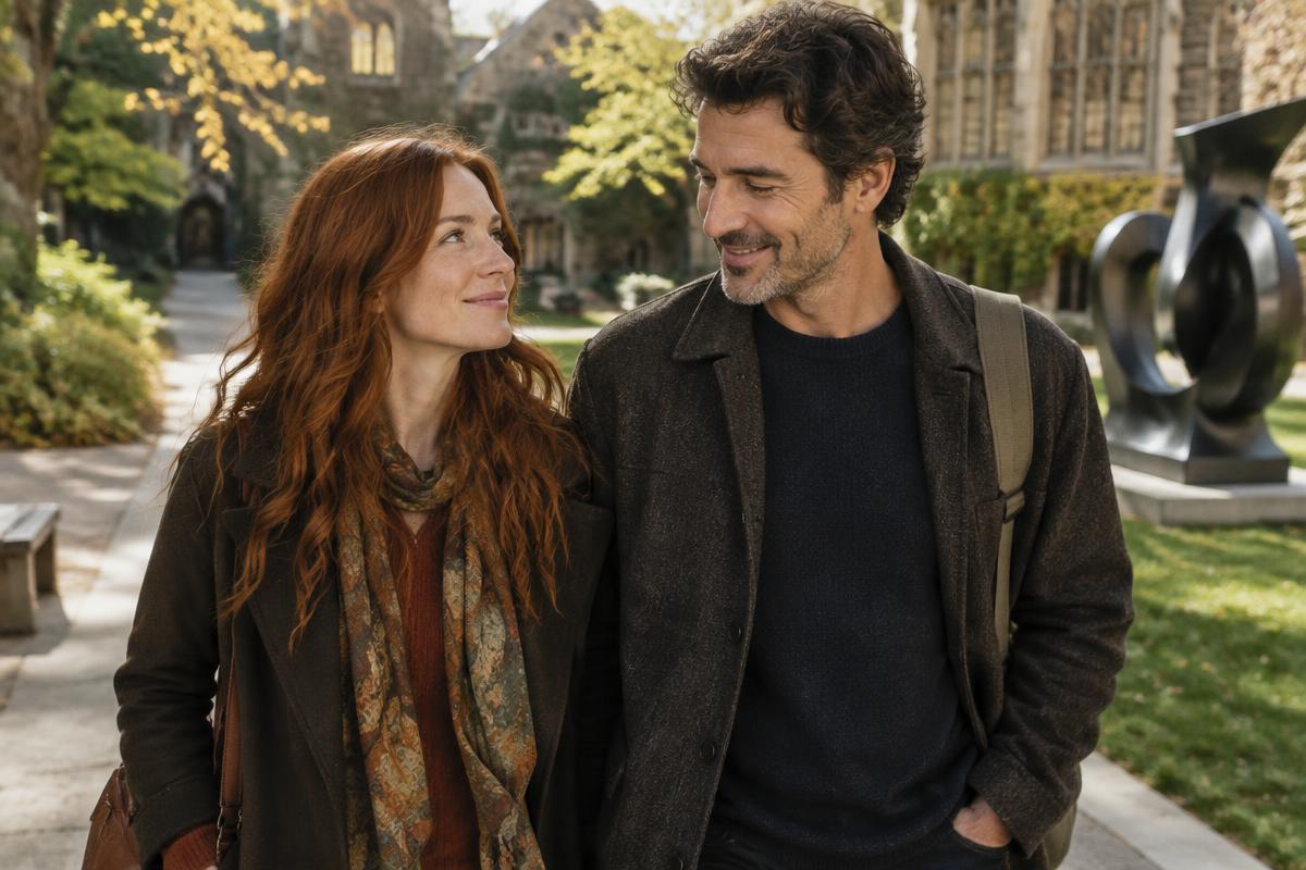 A fictional creative couple walking near an arts campus
