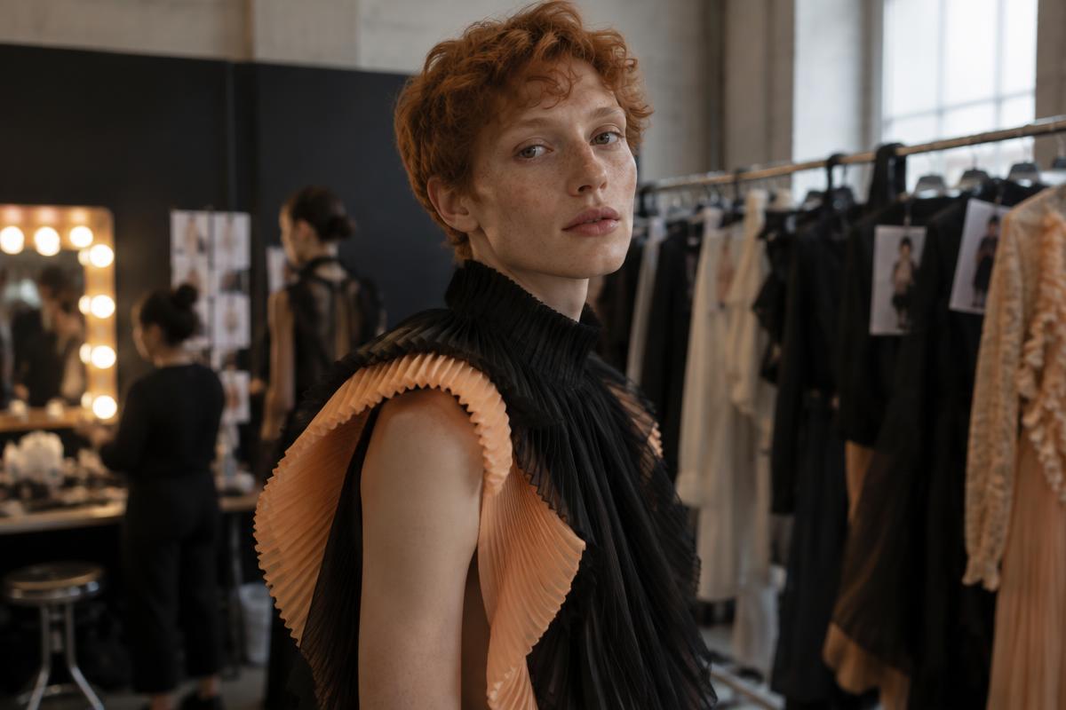 A fictional freckled model with ginger curls in an apricot-and-black pleated look backstage