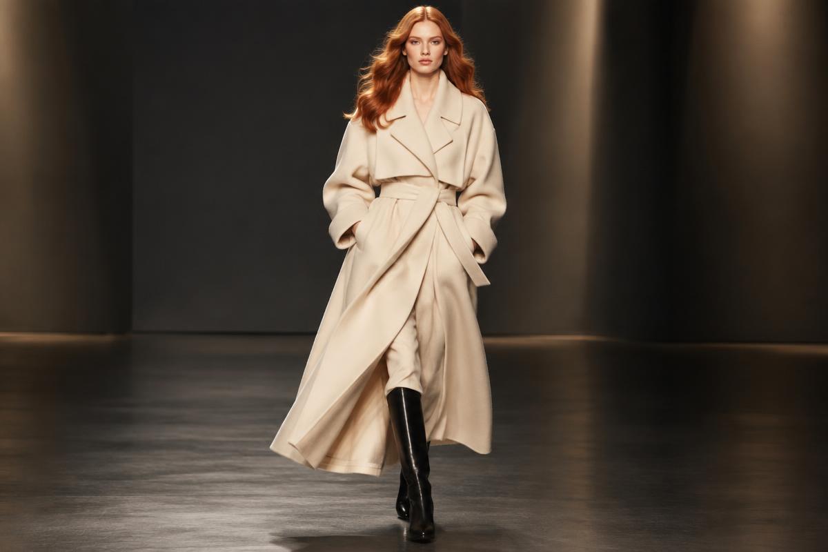 A fictional copper-haired model walking a dark runway in a cream coat