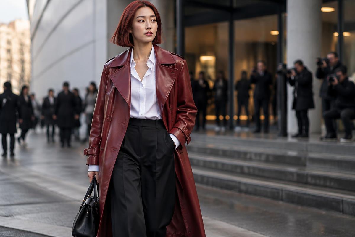 A fictional East Asian model with a copper bob in a cherry leather coat outside a fashion venue