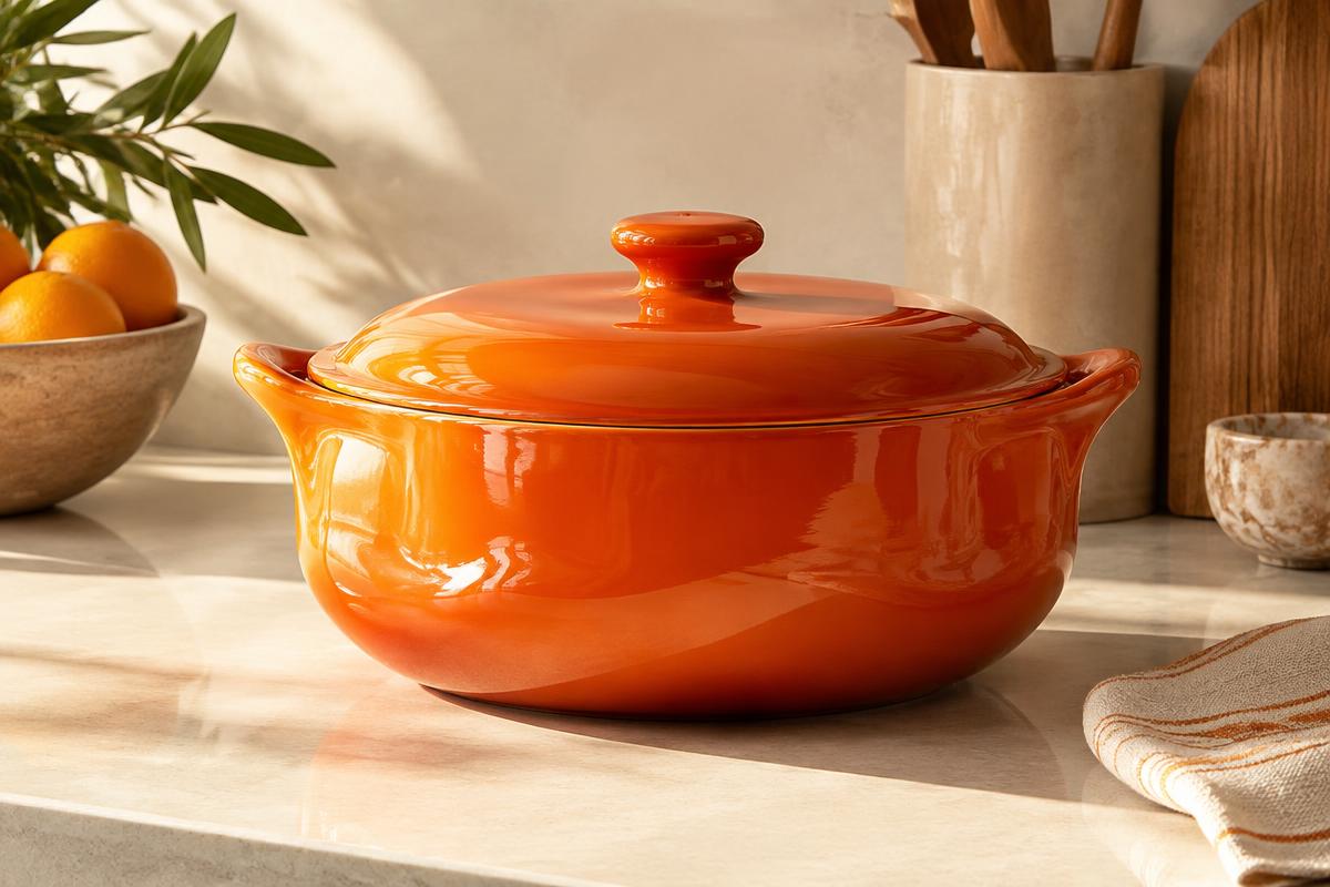 An orange enamel cooking-vessel silhouette on a cream counter.