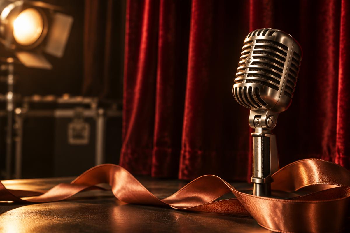 Vintage microphone beside copper ribbon and a theatrical red curtain