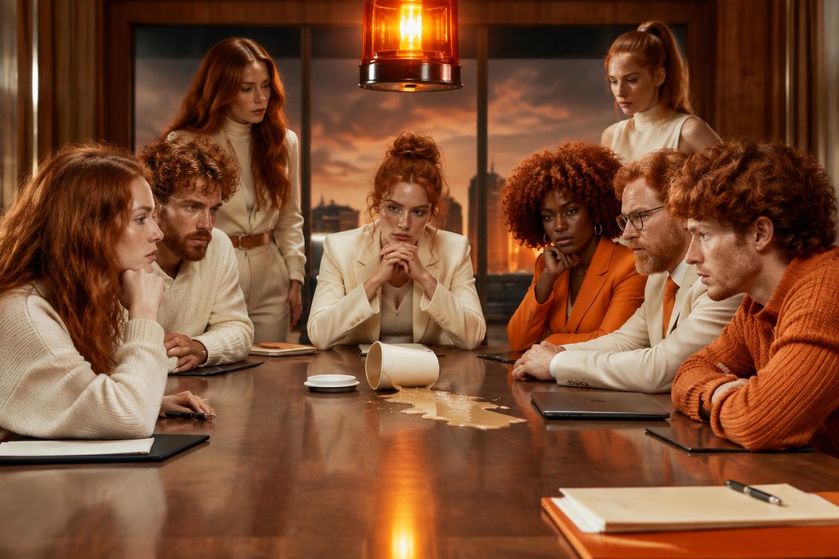 A fictional red-haired council under an orange emergency light