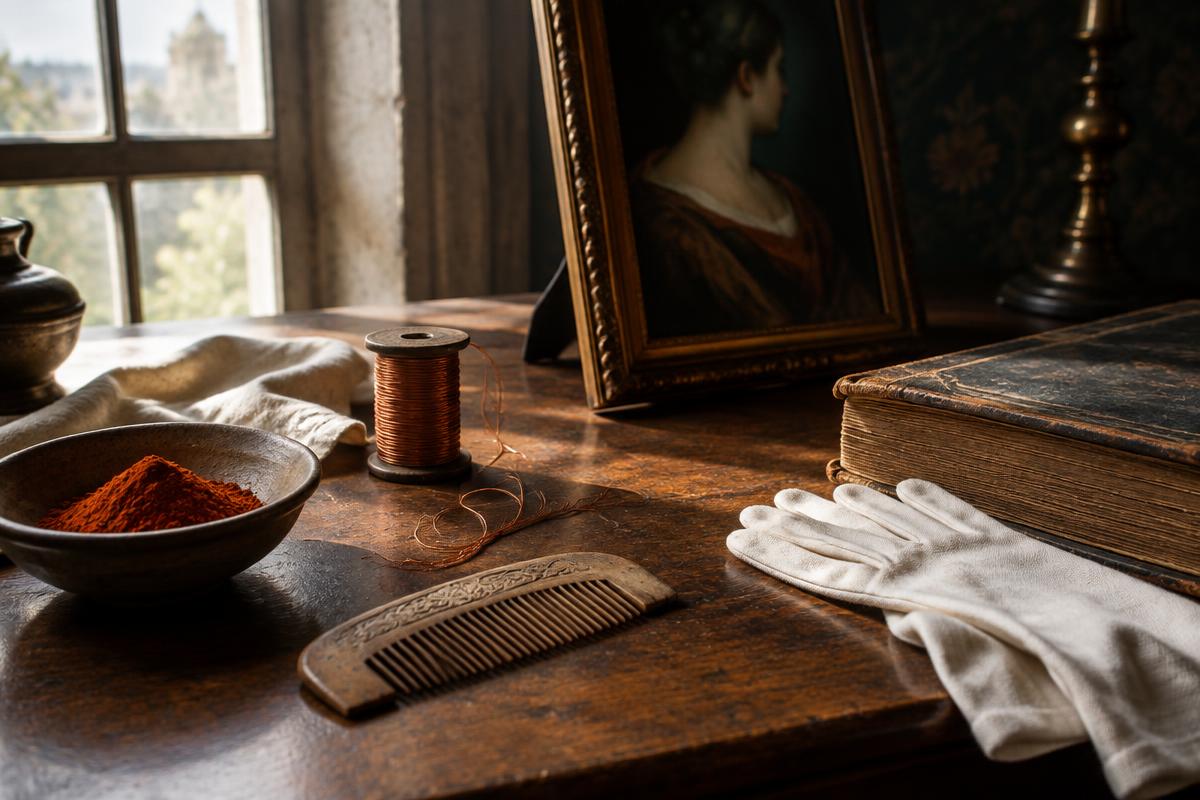 A museum study table with pigment, copper thread and an obscured portrait