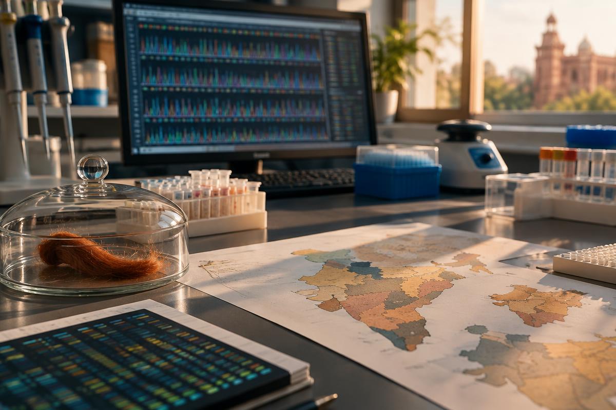 A genomics laboratory desk with an India map and a protected copper hair sample