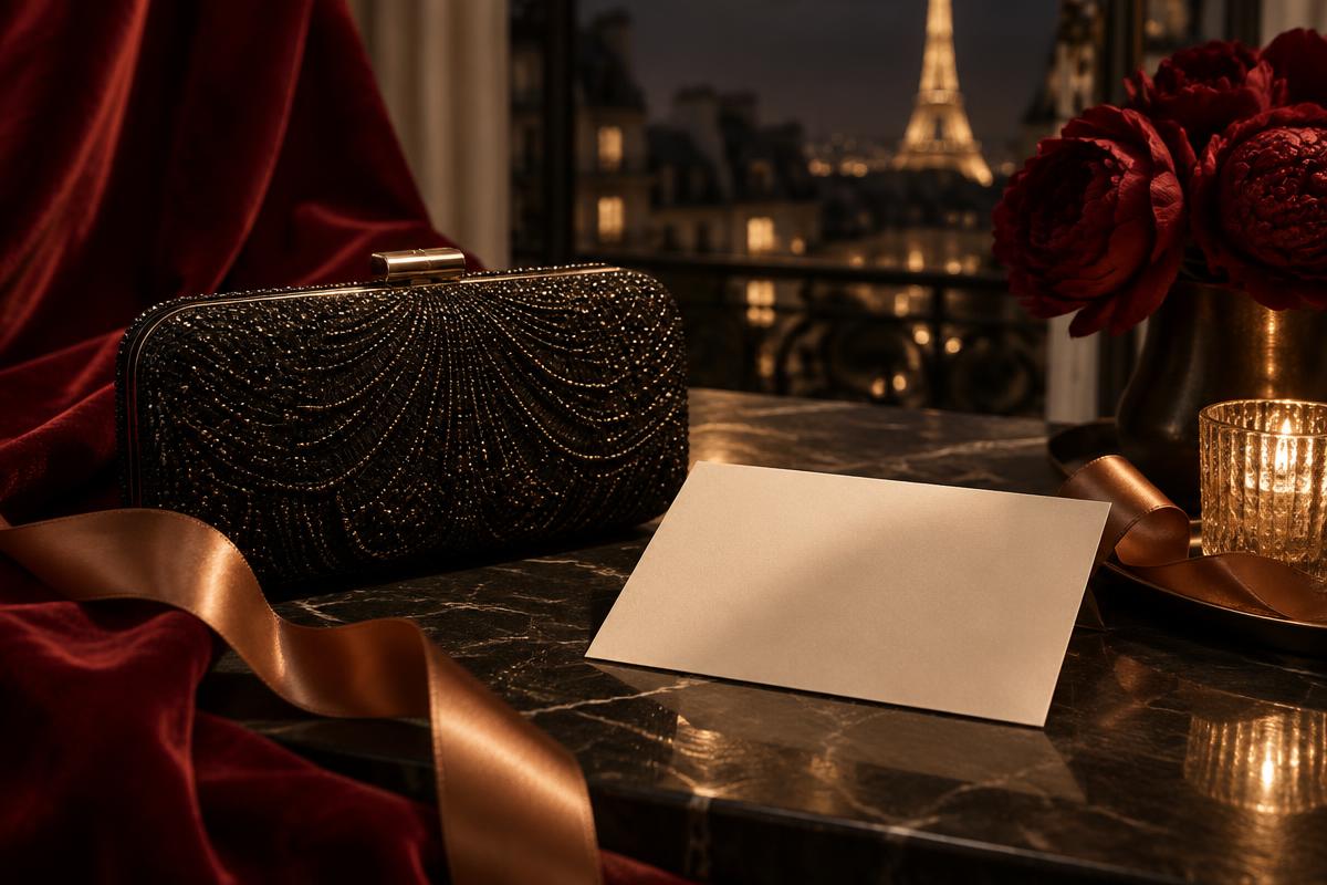 Evening clutch, blank invitation card and copper ribbon against deep-red velvet