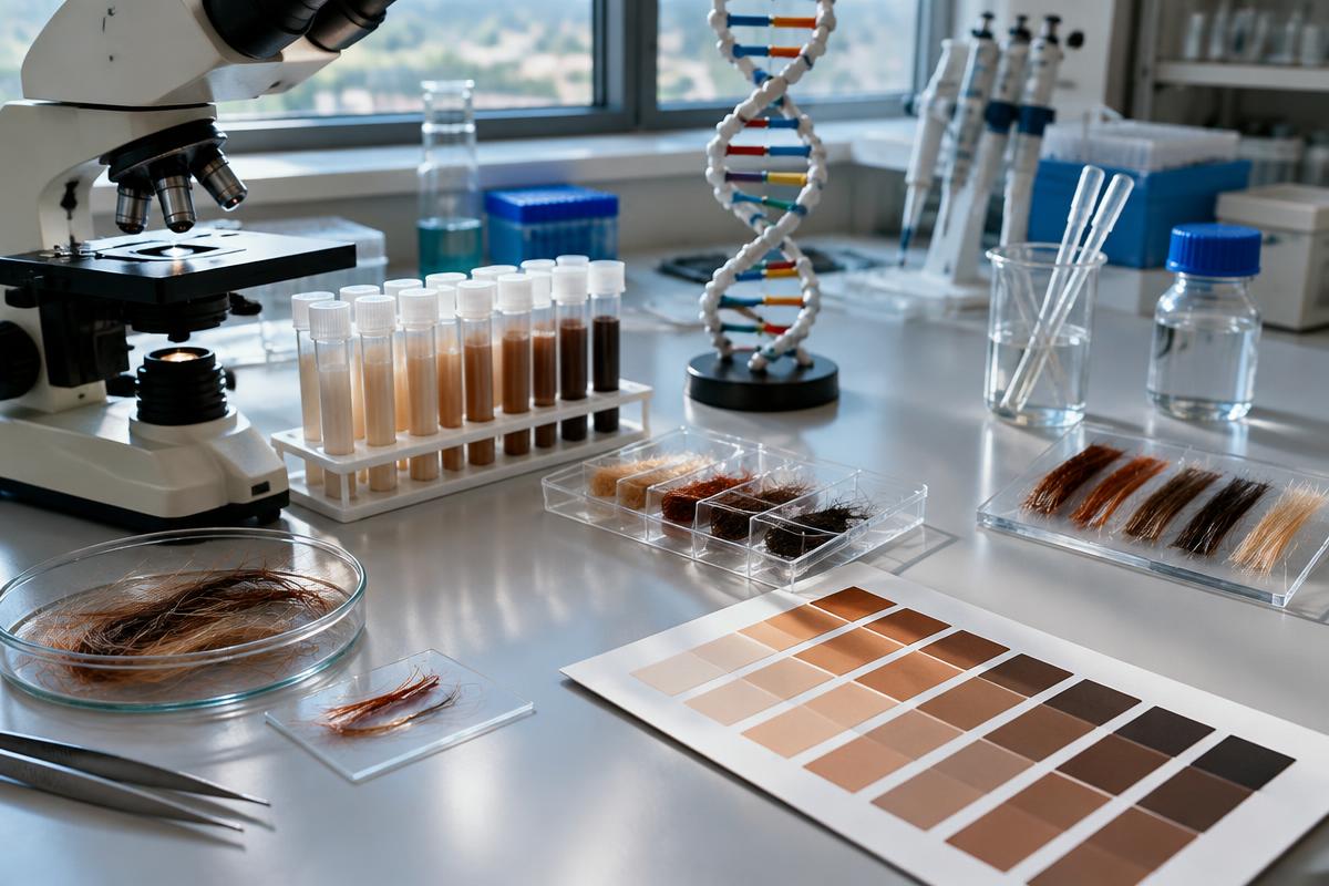 A laboratory bench with hair-fibre samples, pigment references and a microscope