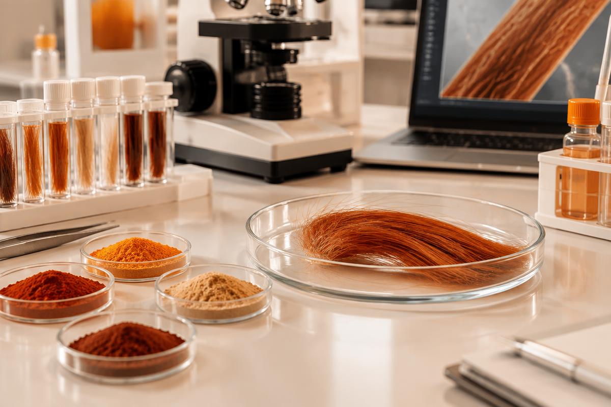 Copper hair fibres and pigment samples at a laboratory workstation