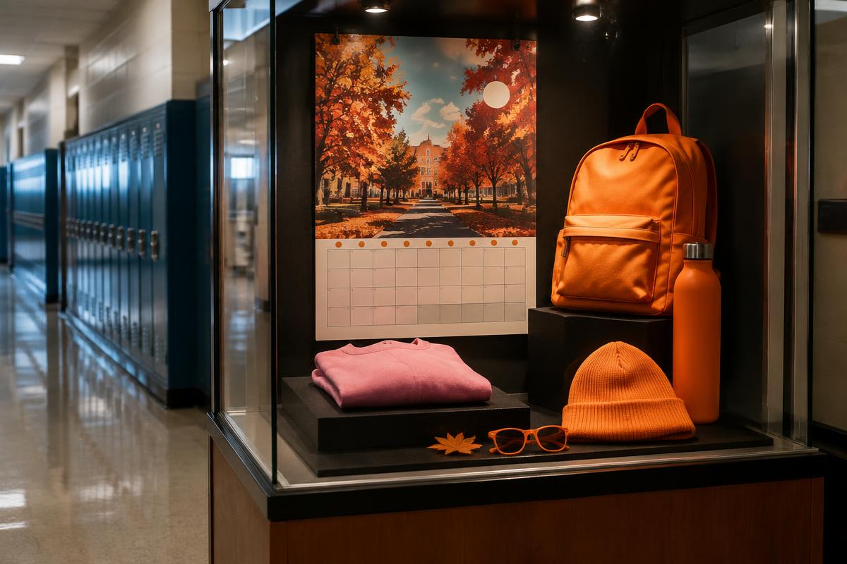 A fictional school display with orange accessories and a pink garment