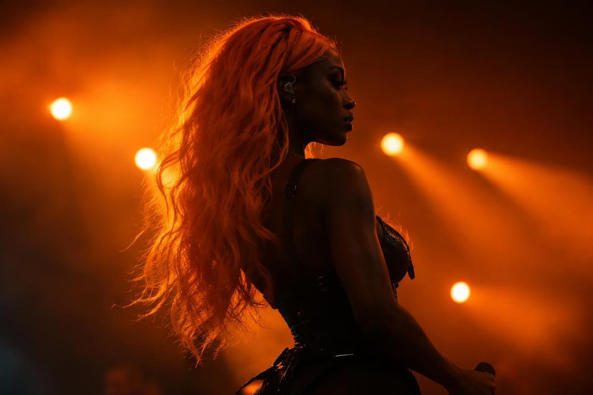 A fictional Black pop performer with orange hair under concert lights