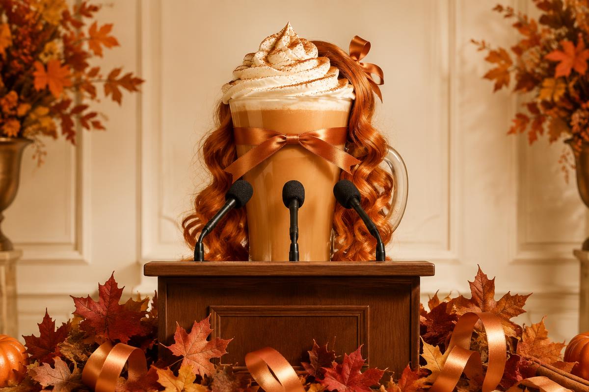A pumpkin-spice drink at a fictional press conference