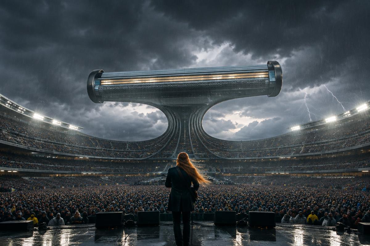 A fictional razor-shaped stadium beneath a storm