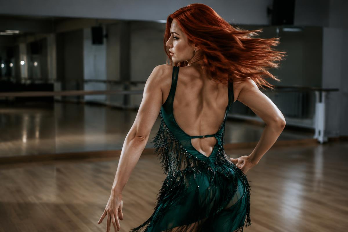 A fictional red-haired ballroom dancer turning in a rehearsal studio
