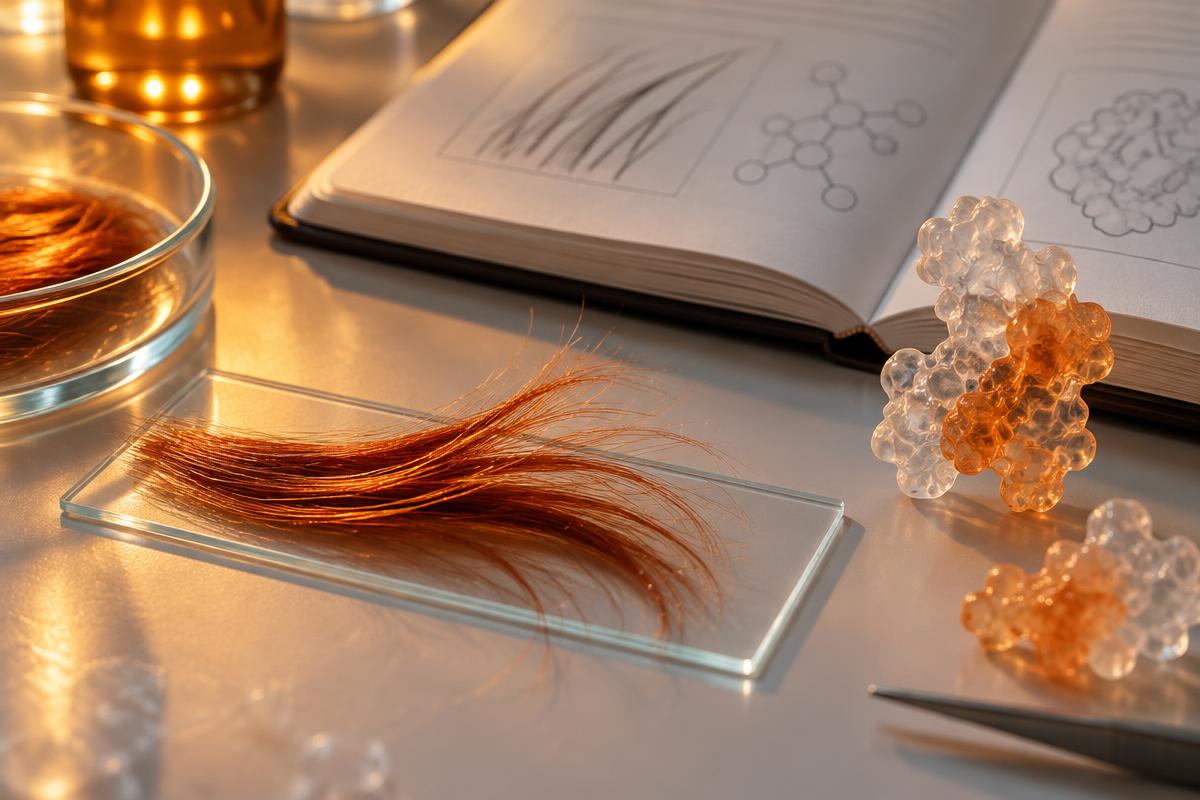 Conceptual illustration of copper hair fibres on glass beside a laboratory notebook and translucent receptor-model shapes