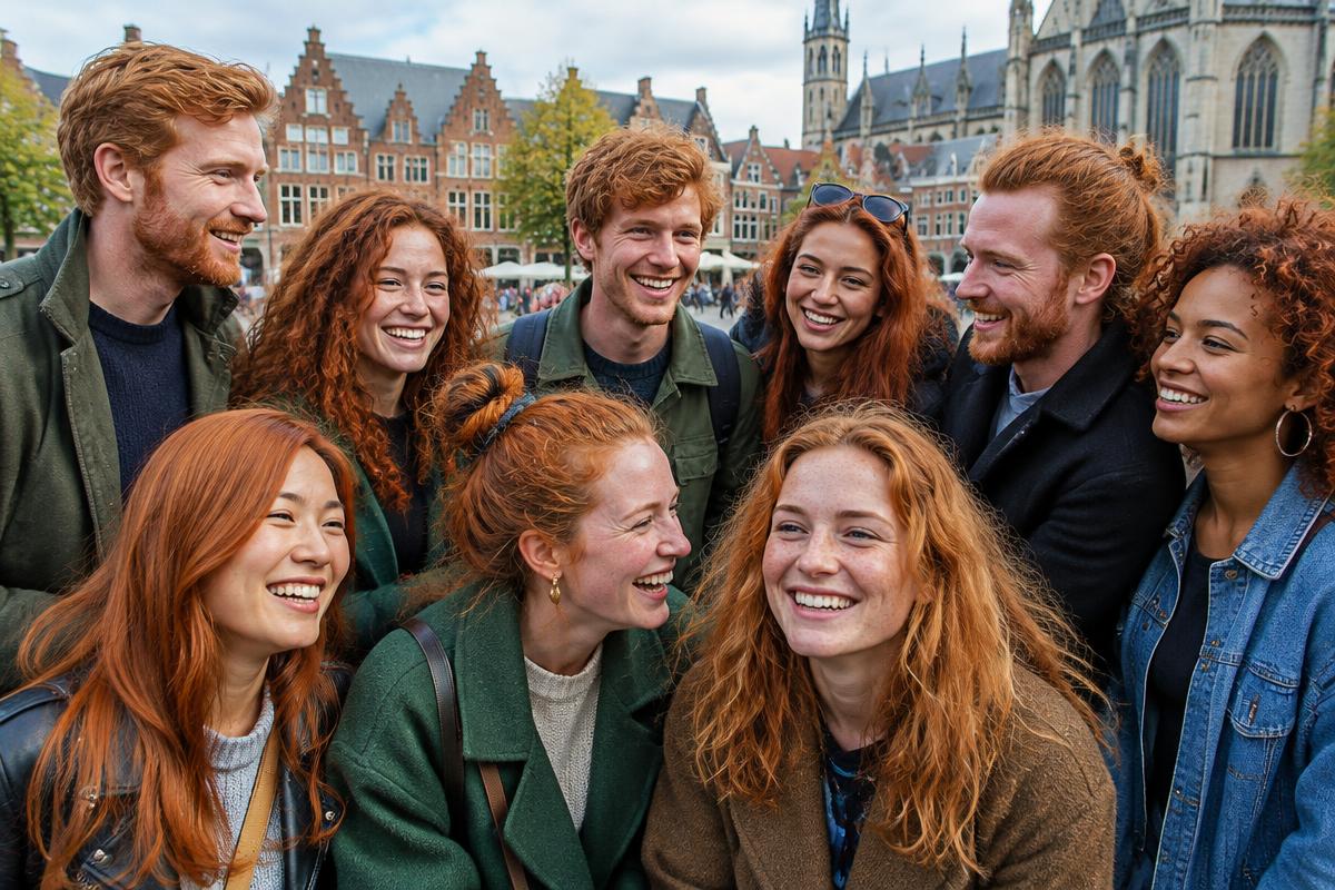 A fictional diverse group of red-haired adults in a Dutch square