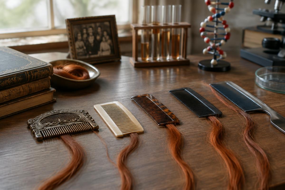 Copper hair strands arranged across old and modern combs on a genetics desk