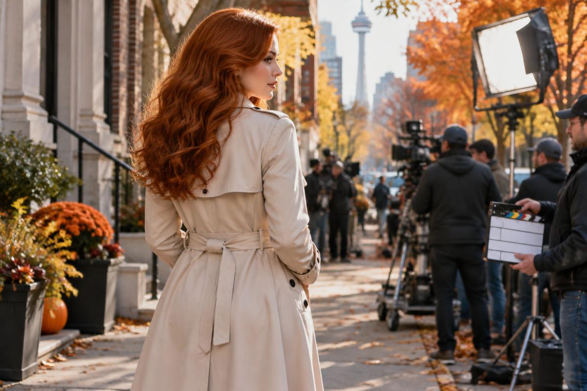A fictional red-haired actor on an autumn Toronto film set